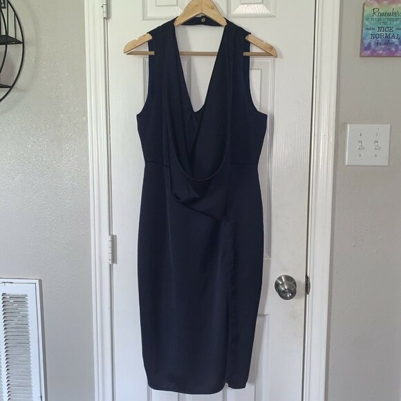ASOS Navy Blue Deep V-Neck Front Draped Sleevless Open Back A-Line Dress Size 10 - Picture 2 of 11